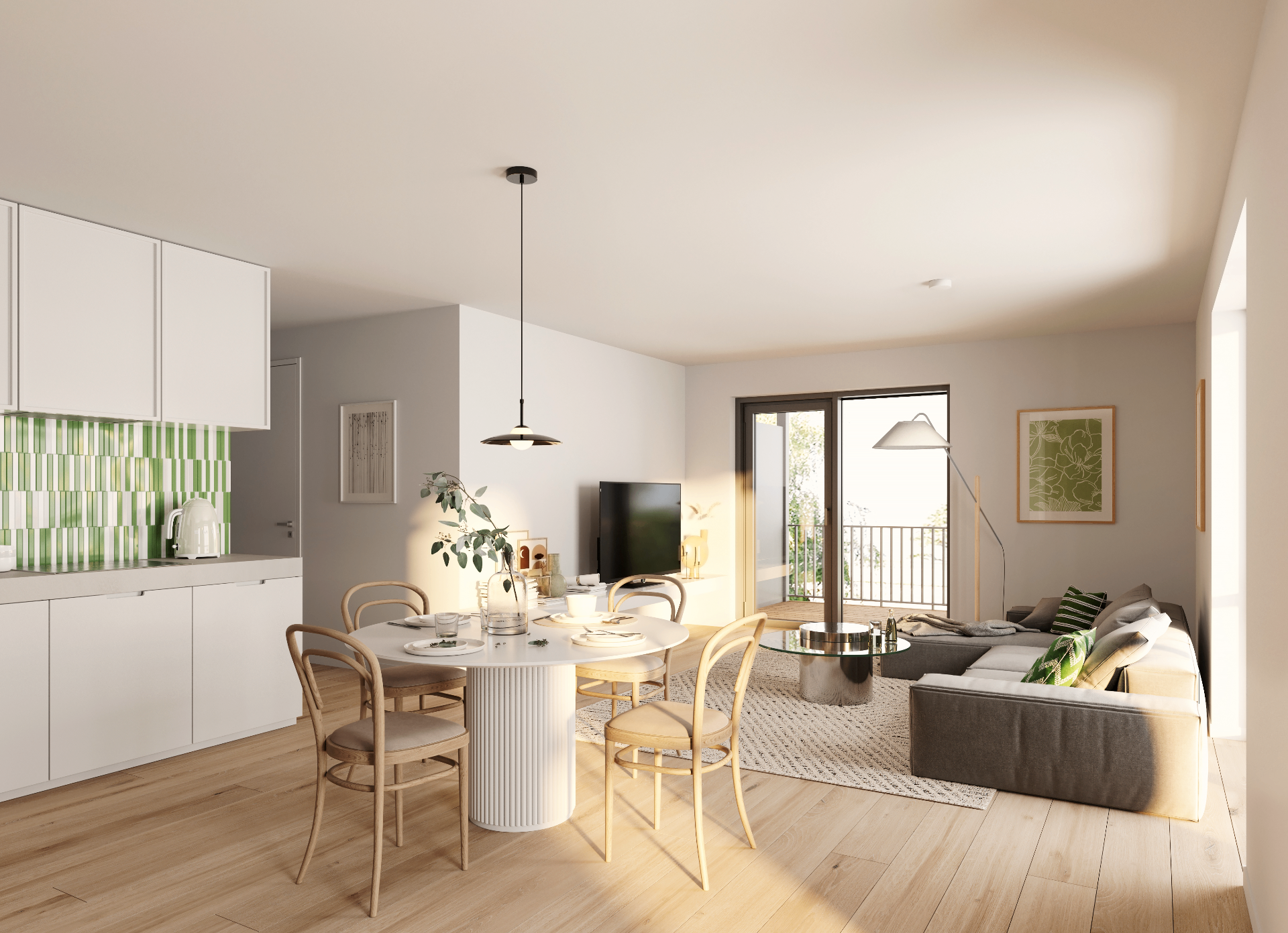 Innenraumvisualisierung mit Wohnküche und Wohnzimmer